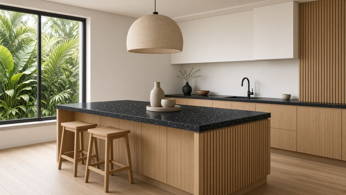 3D illustration of a kitchen island with a black flecked quartz top on timber cabinets