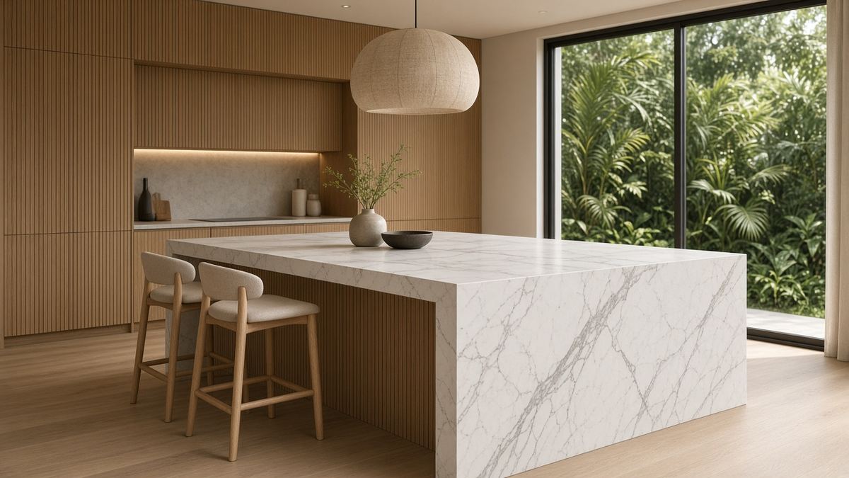 3D illustration of a kitchen island with a white marble-look sintered stone top and a waterfall side