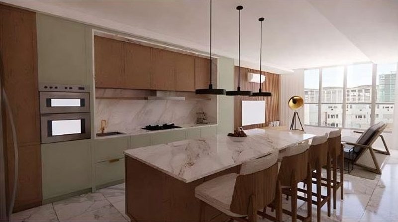Kitchen with marble island and sage cabinetry