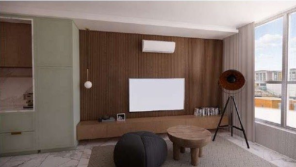 Living area with timber TV wall