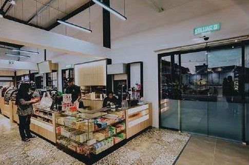 Store entrance and shelving