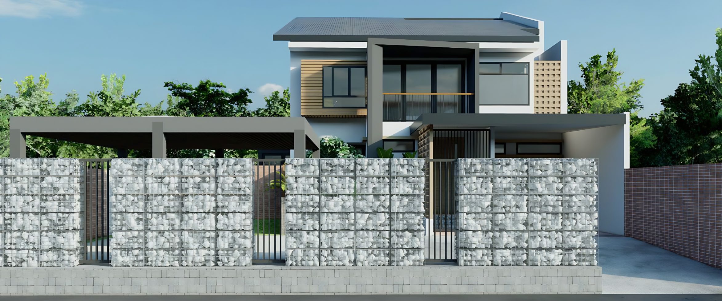 Renovated house front with gabion walls