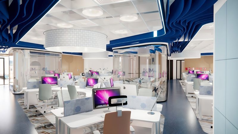 Open office with blue ceiling feature