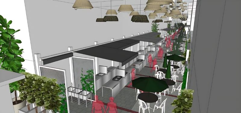Proposed Meldrum Backlane food stall street with canopies and planting