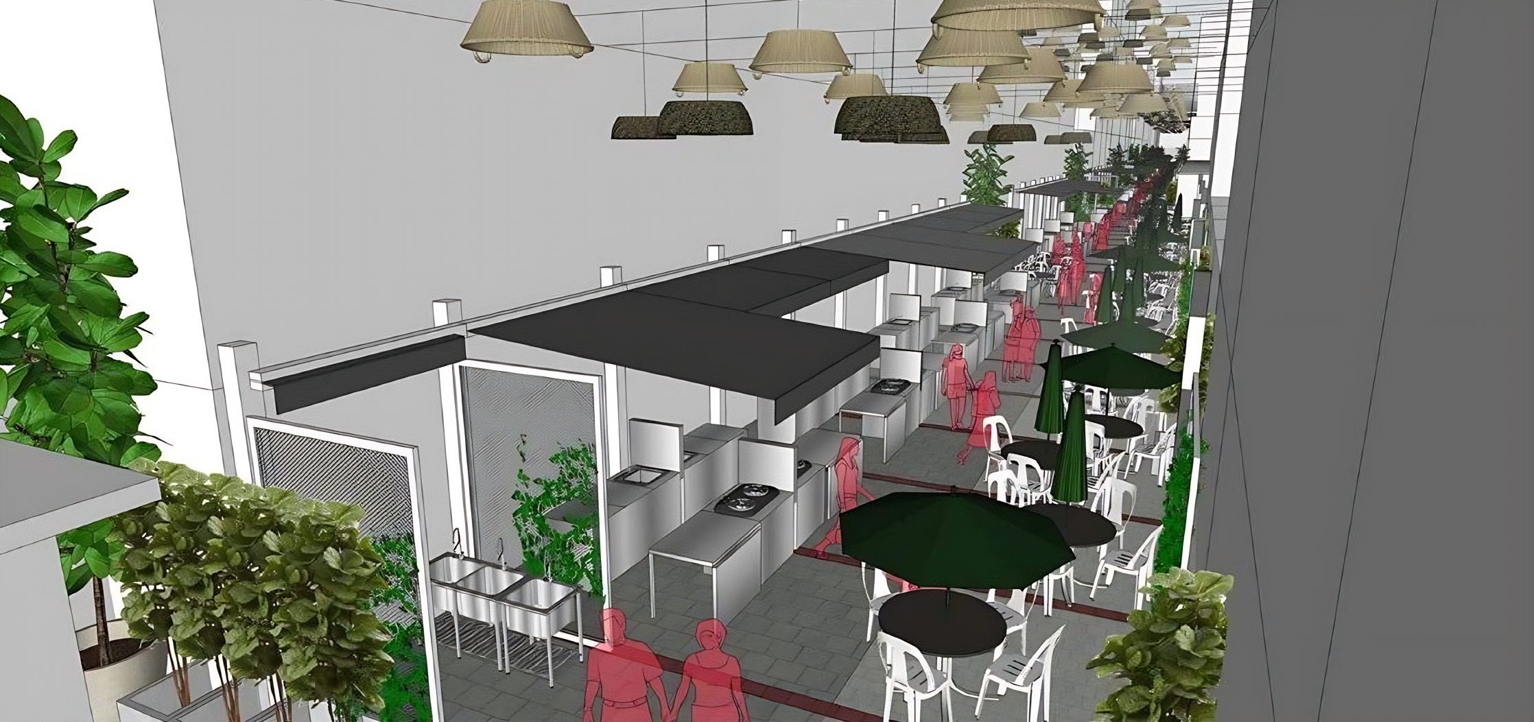 Proposed Meldrum Backlane food stall street with canopies and planting