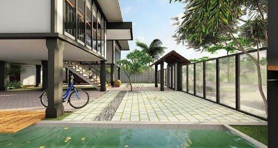 Raised house above a pool deck