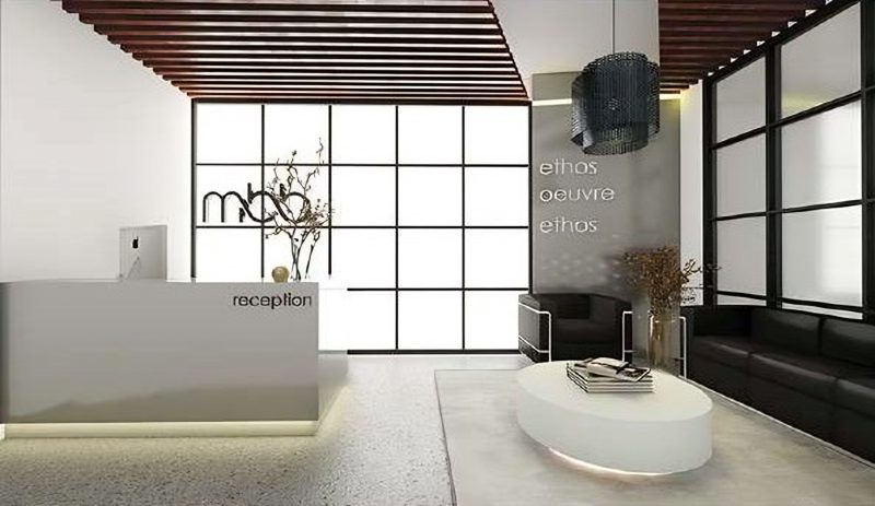 Reception with timber slat ceiling