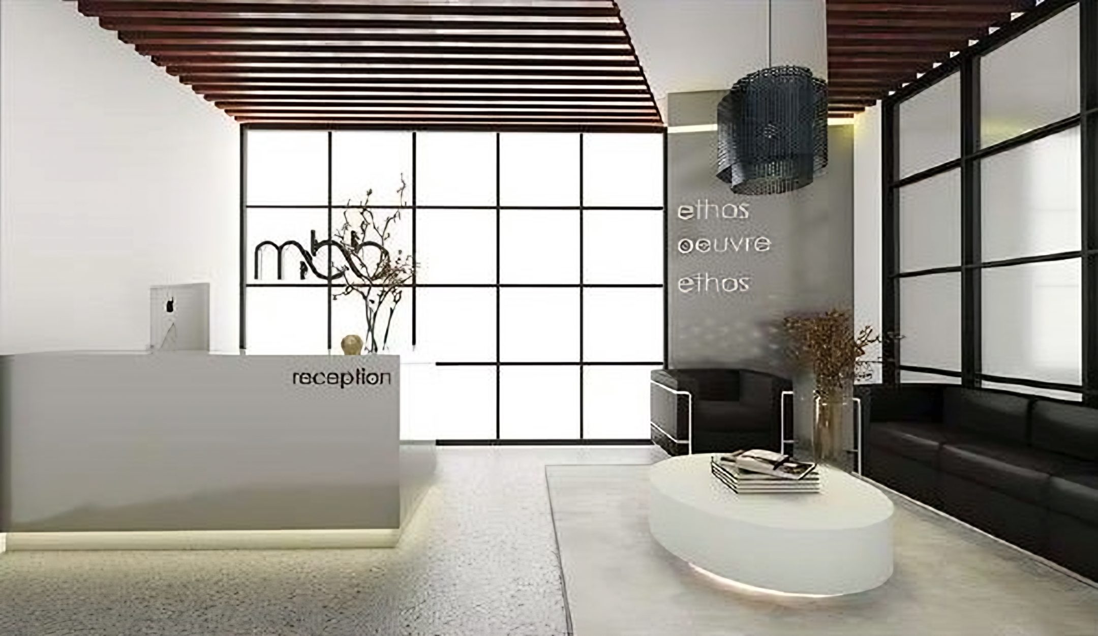 Reception with timber slat ceiling