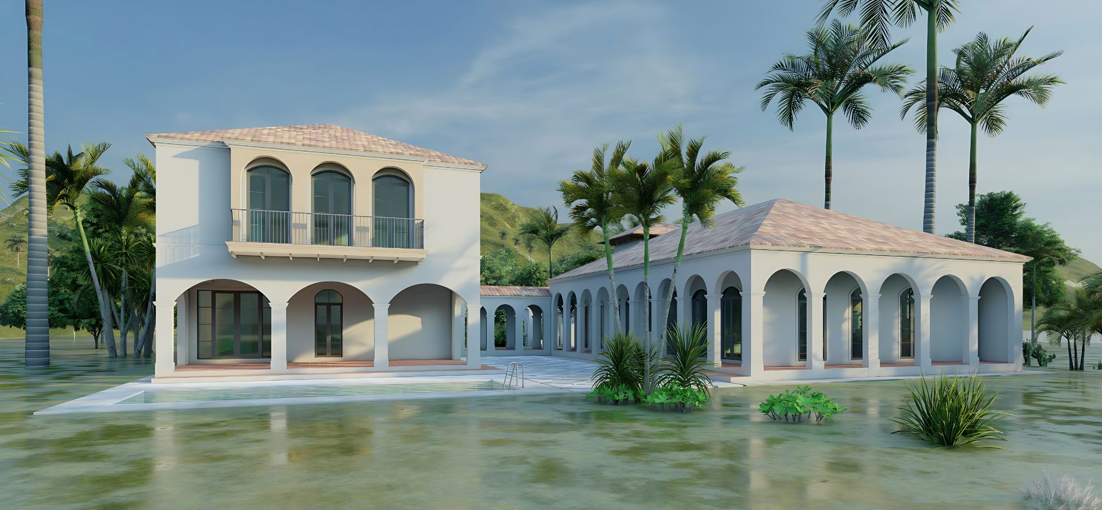 Mediterranean-style retreat house with arched loggias