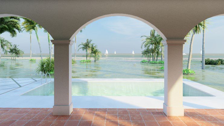 View through the arches to the pool