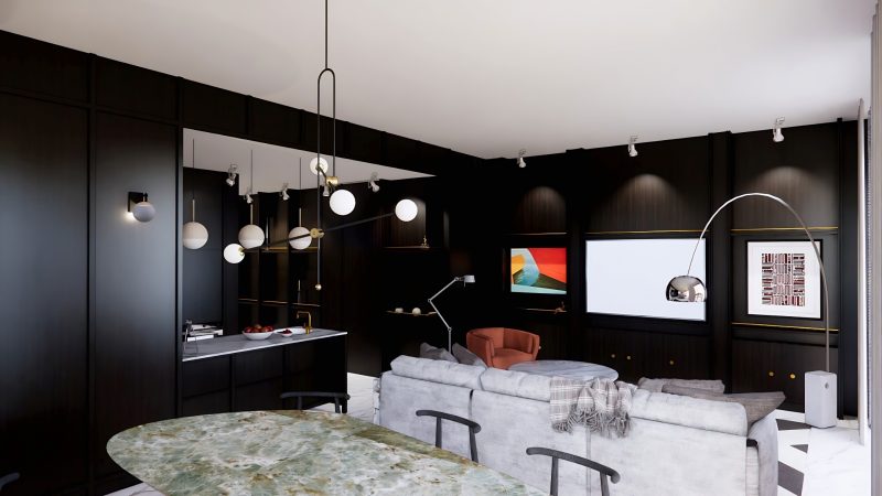 Living and dining space with dark timber wall panelling