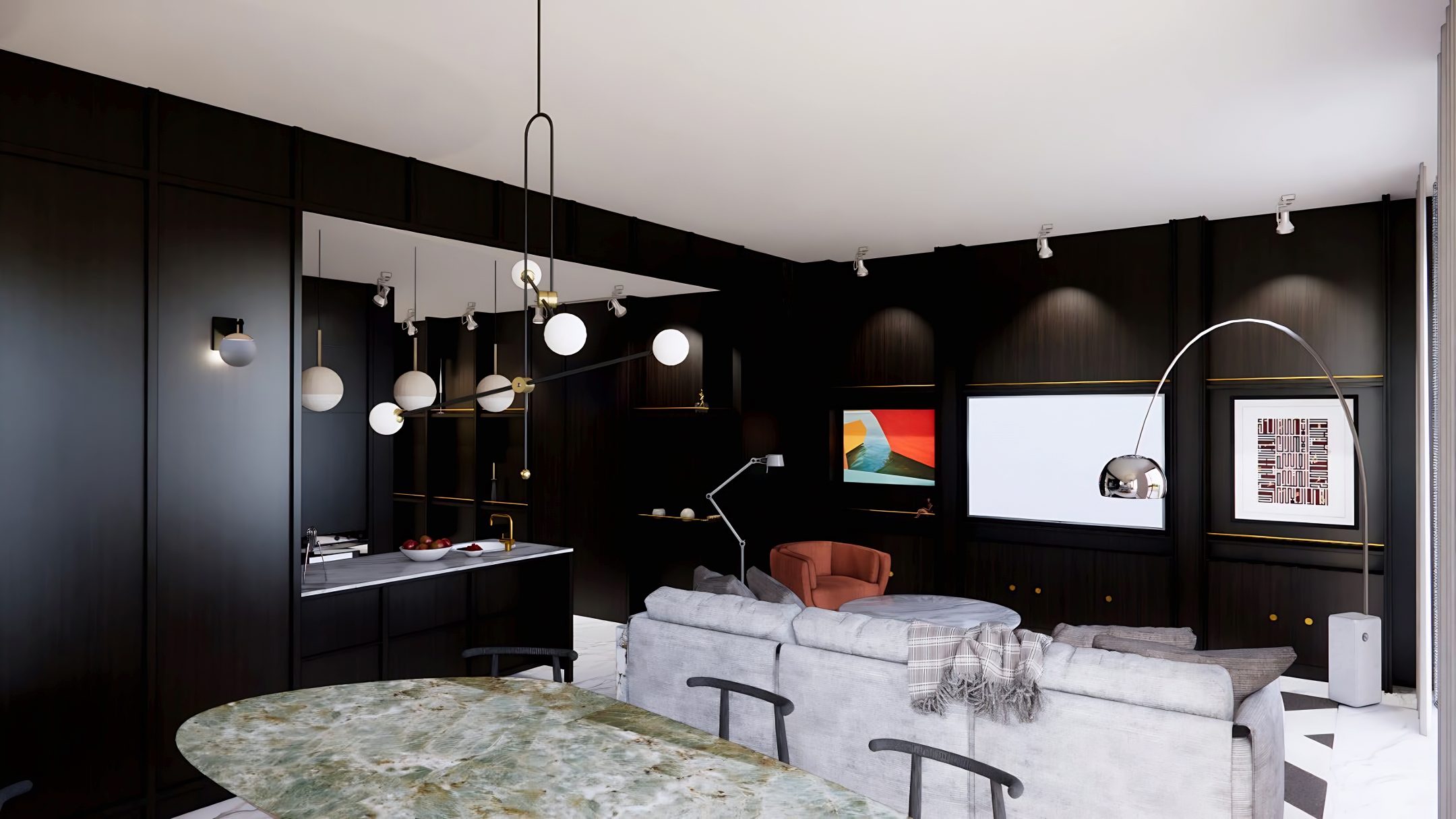 Living and dining space with dark timber wall panelling