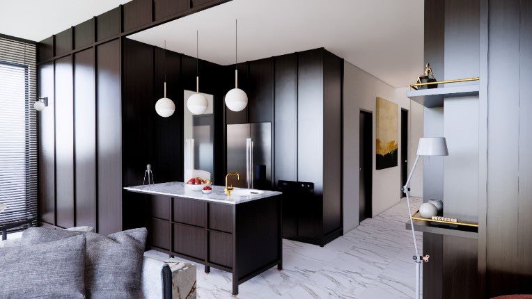Kitchen island and dark joinery
