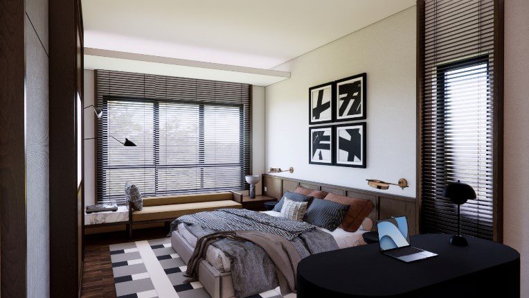 Bedroom with dark panelling and artwork