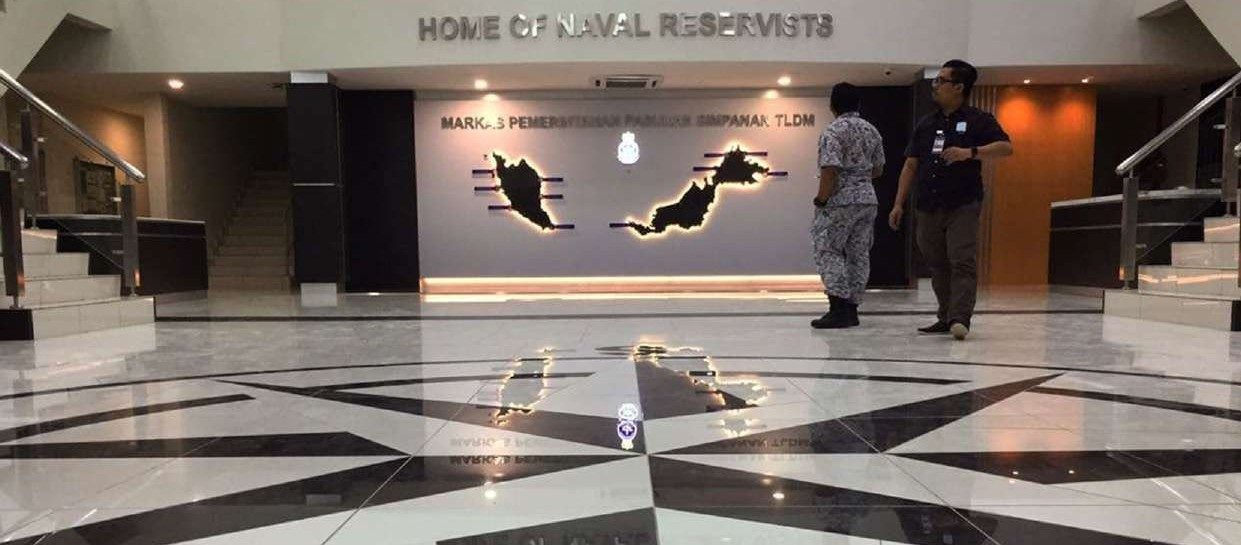 Lobby feature wall with illuminated map of Malaysia