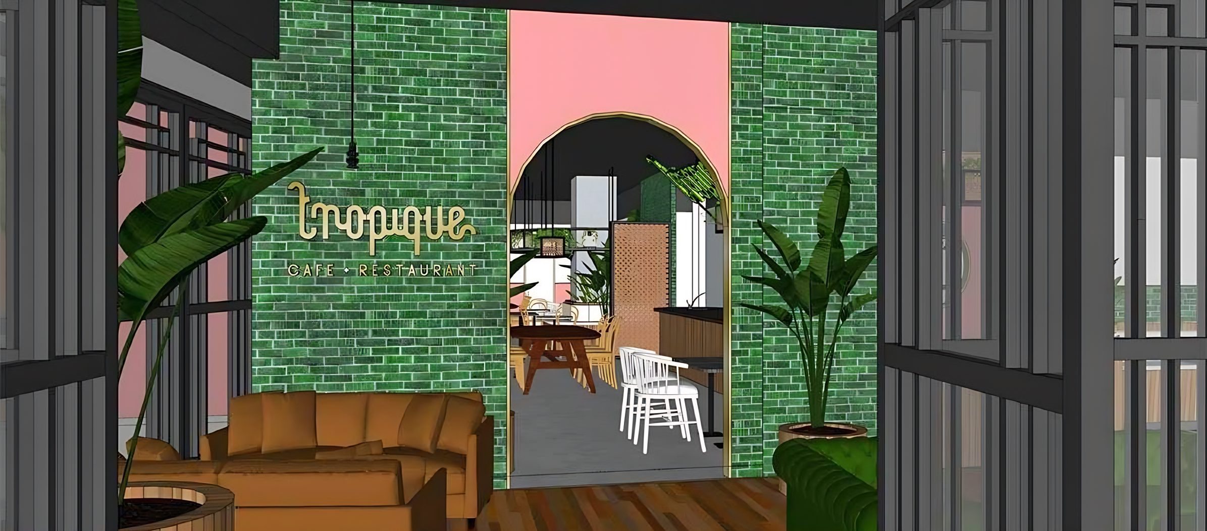 Tropique entrance with green brick and arched doorway