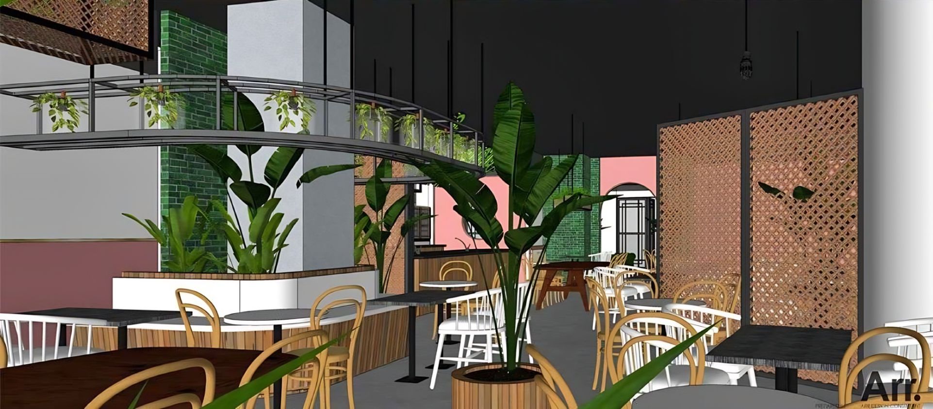 Dining area with planters and lattice screens