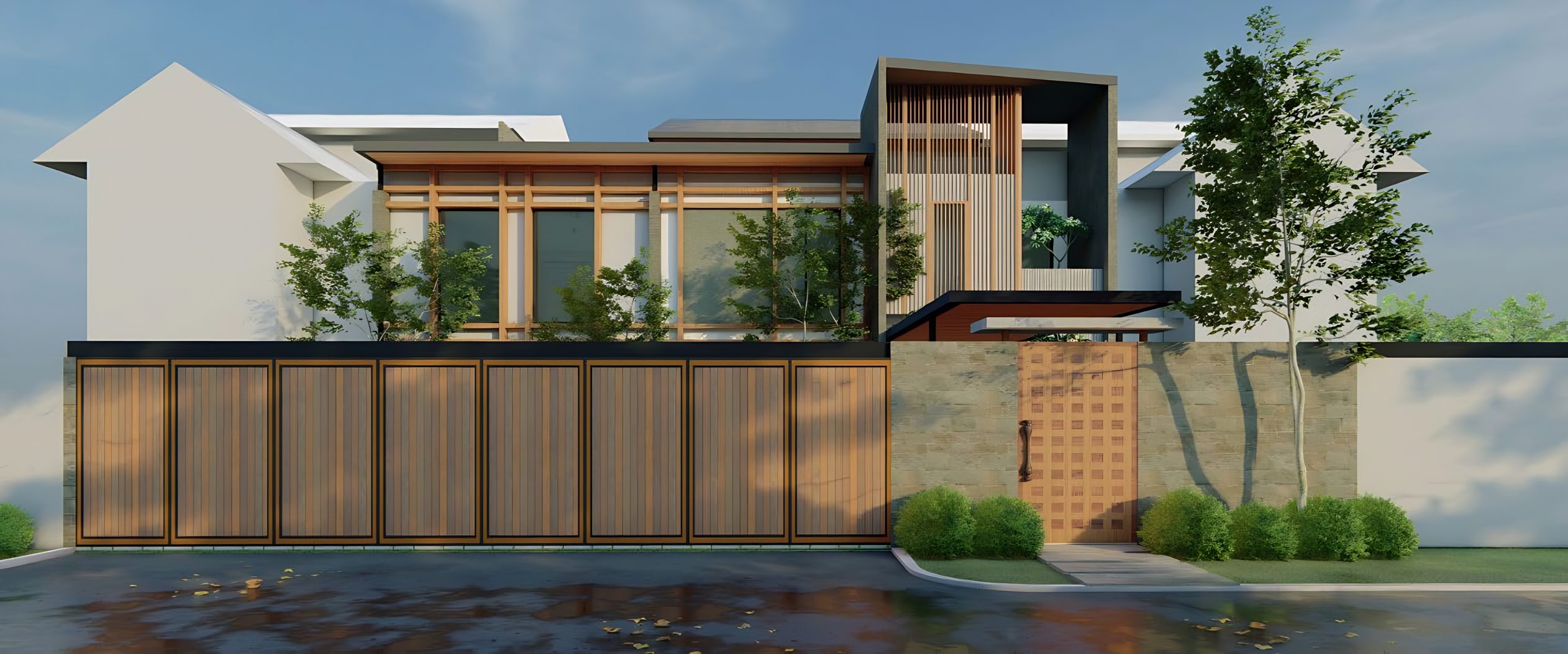 Renovated zero-lot bungalow facade with timber screens