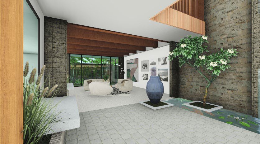 Living space with stone wall and timber beams