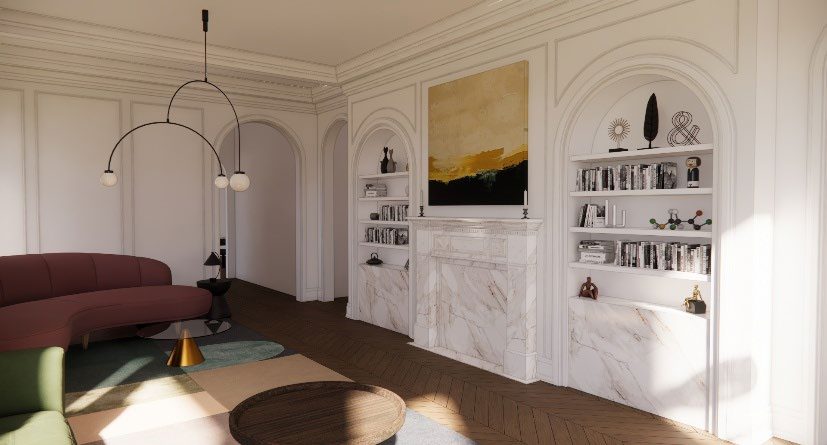 Proposed living room with marble fireplace